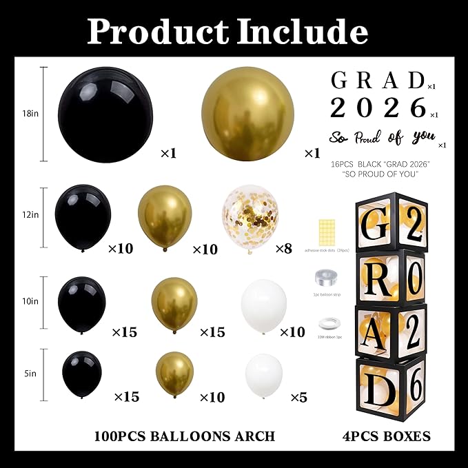 Graduation Decorations Class of 2026 Black and Gold - 4 Balloon Boxes with Letters 2026 GRAD So Proud of You, 100pcs Balloon Arch Garland Kit, High School College Grad Party Supplies Photo Prop