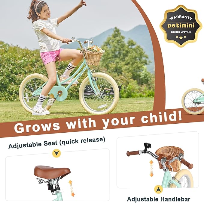 Petimini Vintage Kids Bike for Girls, 12–20 Inch Classic Bicycle with Wicker Basket & Bell, High Tensile Steel Frame, Training Wheels (12–18”), 85% Pre-Assembled, Retro Bike for Outdoor Riding