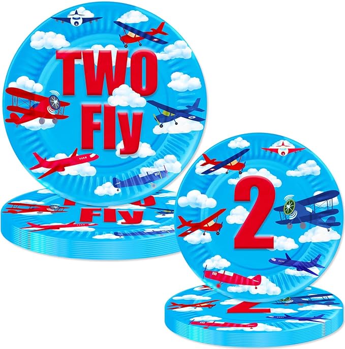 Airplane 2nd Birthday Party Plates Two Fly Disposable Paper Dinner Plates Dinnerware for Aviation Theme Boys Two Years Old Birthday Party Supplies Decorations