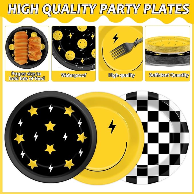 96Pcs Smile Face Birthday Party Decorations One Happy Dude Yellow Smile Face Paper Plates Napkins Lightning Star Checkered Tableware Dinnerware Supplies for Birthday Baby Shower Wedding Party Favors