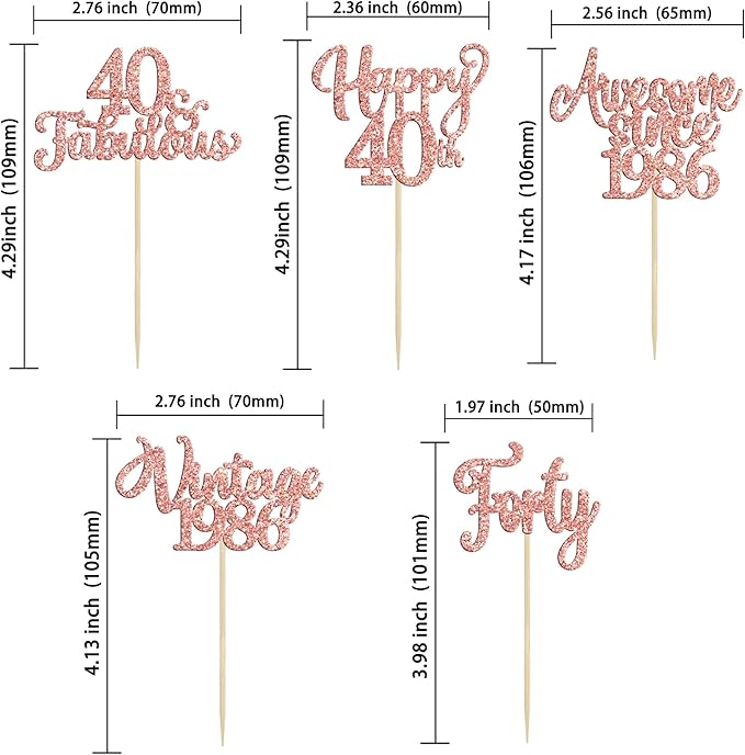 30Pcs Vintage 1986 Cupcake Toppers Glitter Forty 40 Fabulous Happy 40th Birthday Cupcake Picks Cheers to 40 Years for 40th Birthday Anniversary Party Cake Decorations Supplies Rose Gold