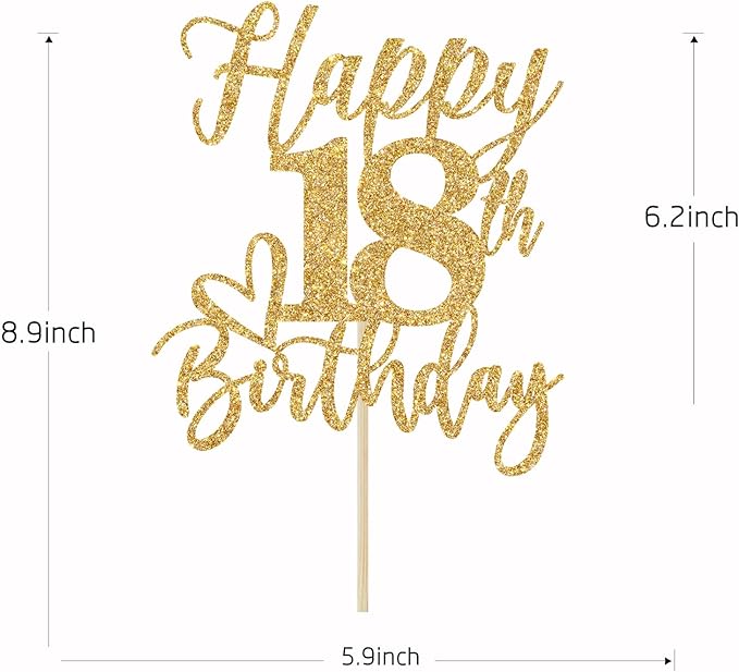 Gold Glitter Happy Birthday Cake Topper, Funny Happy Birthday Party Supplies (happy 18th birthday, Gold Glitter)
