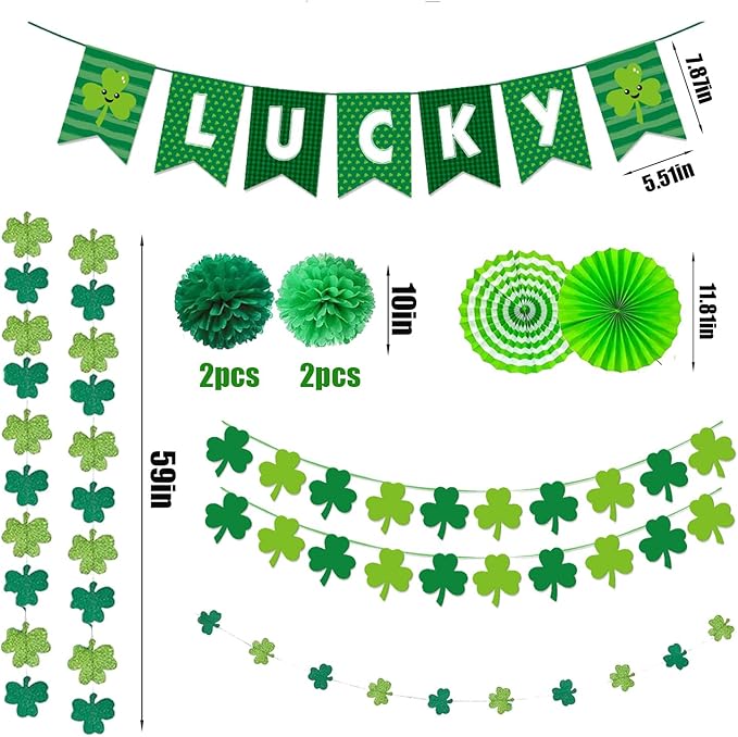 St Patricks Day Decorations Pre-Assembled Shamrock Lucky Banner Garlands Clover Hanging Swirls Irish Decor for Home Saint Patrick Party Supplies