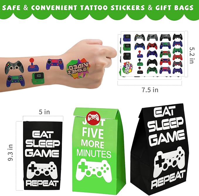Bluegogo 146 Pcs Video Game Party Favors: VIP Passes Keychains Tattoo Stickers Shoe Charms Button Caps Bags for Gaming Party Favors