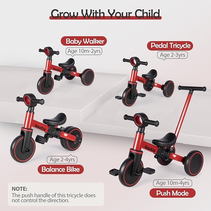 Kids Tricycle for Toddlers 1-3 with Push Handle, 5 in 1 Baby Balance Bike Toy for 1-4 Years Old Boys Girls Gift with Removable Pedals, Red (No Parent Steering Version)