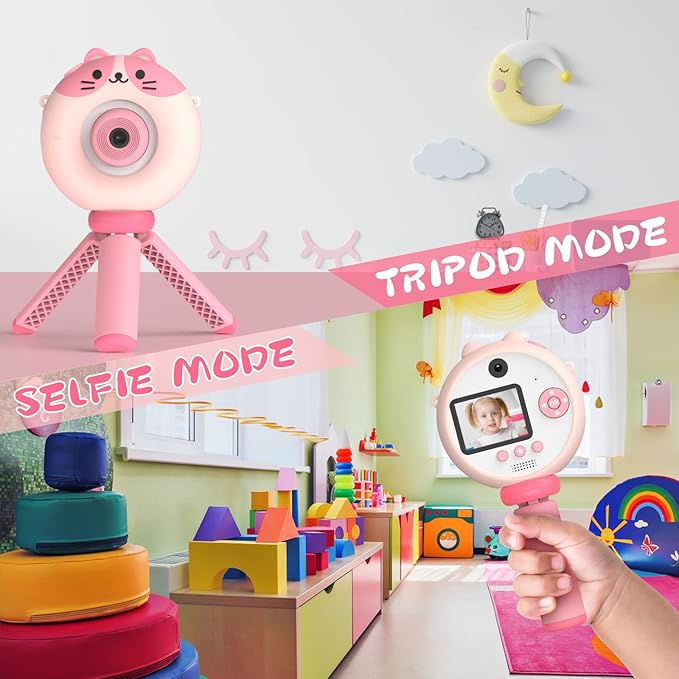 Kids Camera with Tripod, Digital Camera for Kids Aged 3-12, HD Kids Digital Camera with 1080P Video Recording, Durable ABS Material, Toys Camera for Boys Girls with 32GB Card(Pink)