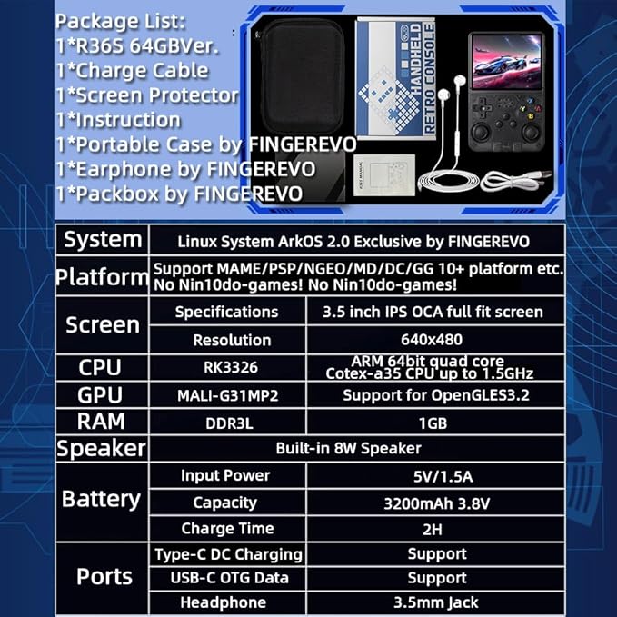 R36S Handheld Game Console 3.5-in 640*480 IPS OCA Screen 3200mAh Opensource System Black Transparent