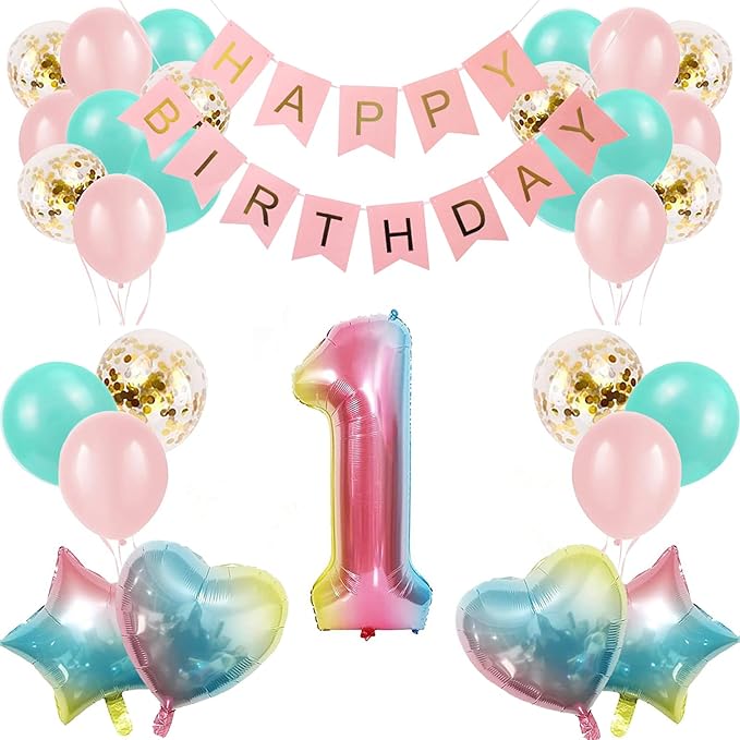 1st Birthday Decorations for Girls Gradient color Age 1 Balloons with Happy Birthdays Banner for Baby showers Frist Birthdays Party Supplies for Girls Boys (1st-Birthday)