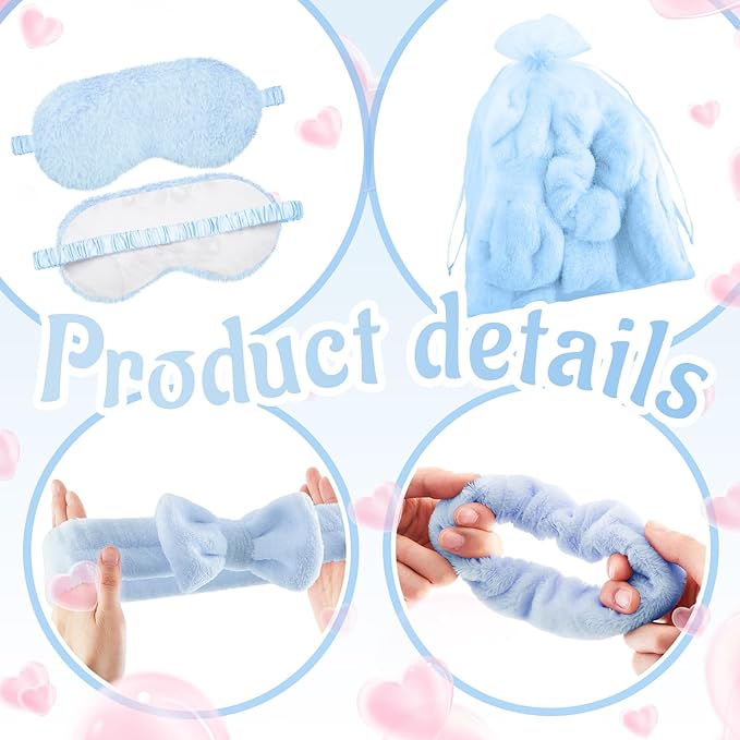 36 Pcs Sleepover Party Supplies for Girl Spa Slumber Birthday Favors Throw Blanket Pillow Eye Mask Headband Scrunchies (Solid Color,Light Blue)