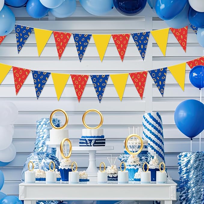 Hestya 5 Pcs 49 Ft Blue with Gold Ring Pennant Banner, Cartoon Themed Birthday Party Decor Video Games Triangle Flag Bunting Garland for Baby Shower Birthday Supplies