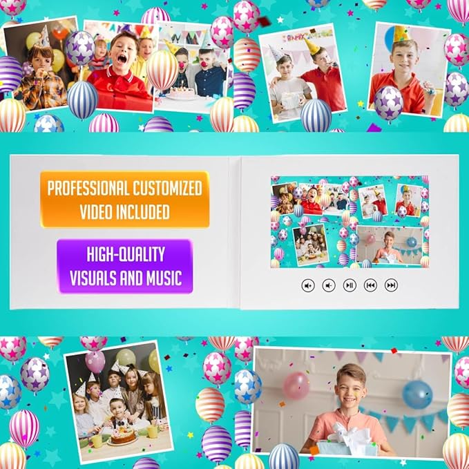 Personalized Birthday Card with Video for Boys – Photo Slideshow Gift for Kids – 7” Digital Display, Rechargeable Battery, 512MB, Plays Automatically on Open