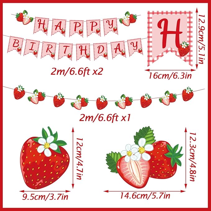 Paper Jazz Strawberry Hanging Banner Decorations，Red Fruit Banners Happy Birthday, Red Berry First Birthday Party Supplies for Theme 1st Birthday And Garden Party,Strawberry Themed Party Favors.