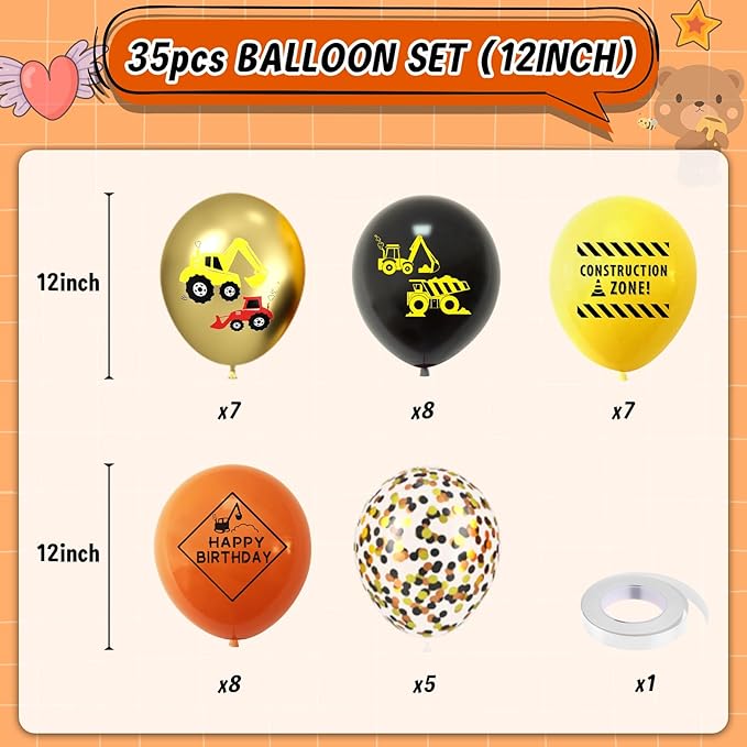 Construction Balloons, 12 Inch Gold Black Yellow Orange Confetti Balloons for Boy Baby Shower Construction Themed Birthday Truck Party Graduation Supplies