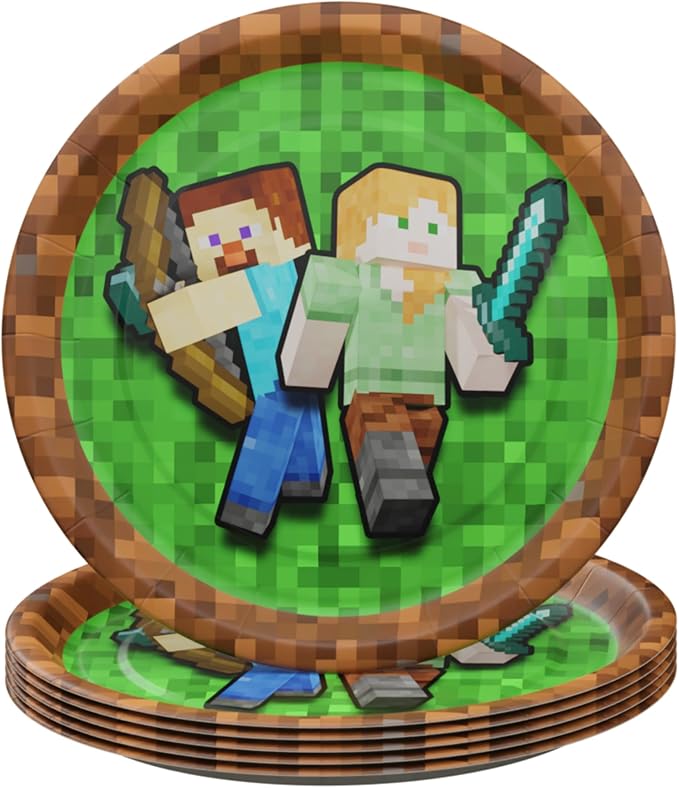 Pixel Miner Dinner and Dessert Plates (40 pieces for 20 Guests) - Video Game Party Supplies, Mining Craft Decorations, Pixel Miner Party, Blue Orchards