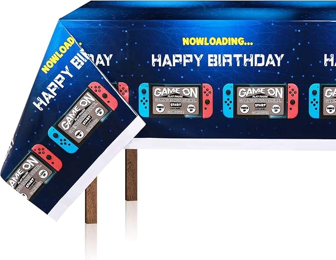 2Pcs Blue Video Game Party Tablecloth | 54 x 108 In| Video Game Birthday Party Decoration Rectangular Disposable Plastic Table Cover, Game Birthday Party Supplies for Boys Girls Kids Party Decorations