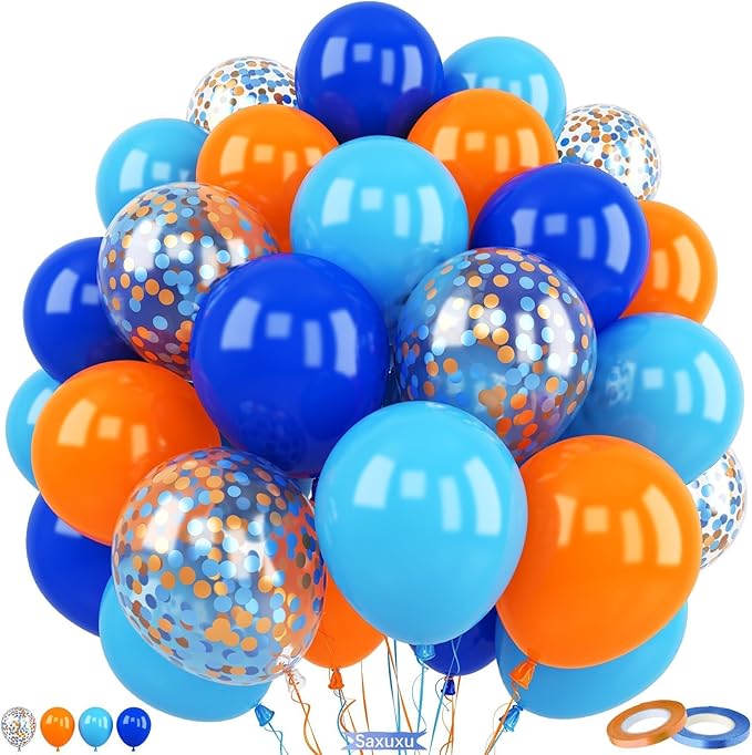 Orange and Blue Balloons, 60pcs 12 Inch Royal Blue Light Blue Pastel Orange Latex Party Balloons with Orange and Blue Confetti Balloons for Boy Birthday Party Baby Shower Graduation Decorations