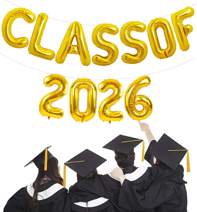 TONIFUL Gold Class of 2026 Graduation Balloon Banners Foil Balloons Decorations 2026 Congrats Grad Balloons for Class of 2026 Congratulation Graduations Party Supplies