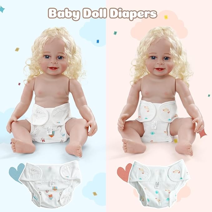 JIZHI 4 Pcs Reborn Baby Doll Diapers Reusable for 17-24 Inch Babydolls, Dolls Underwear Washable Dolls Diapers with Cute Patterns for Lifelike Reborn Baby Doll Accessories