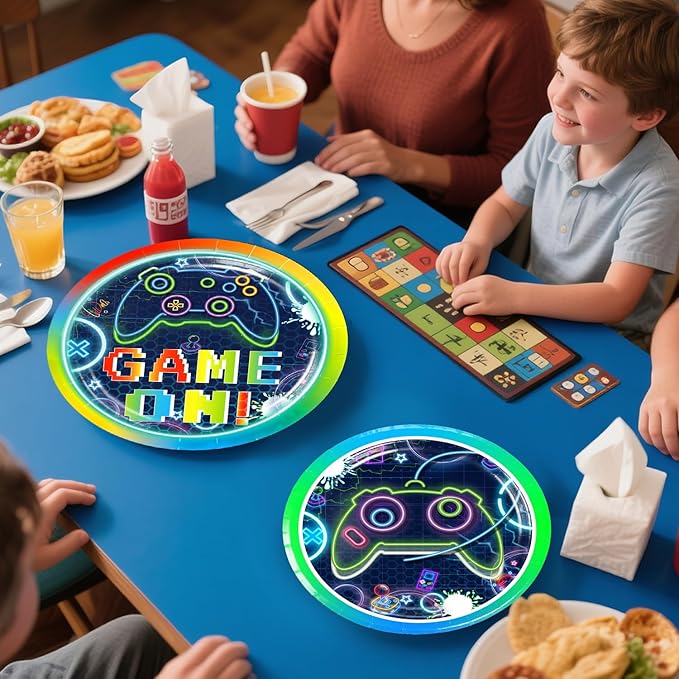 174 Pcs Gamer Birthday Party Decorations Tableware Set with 300gsm Plates and Napkins, Serves 25, 2 Tablecloths, Banner, Cake Toppers, for Boys Video Game Birthday Decorations, Multicolor