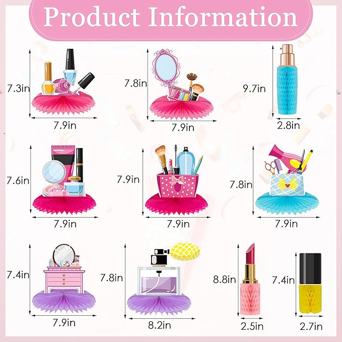 Censen 10 Pieces Spa Party Decorations Honeycomb Centerpieces Make up Table Topper 3D Cosmetics Nail Lipstick Girl Theme Photo Booth Props for Spa Threenager Birthday Party Supplies