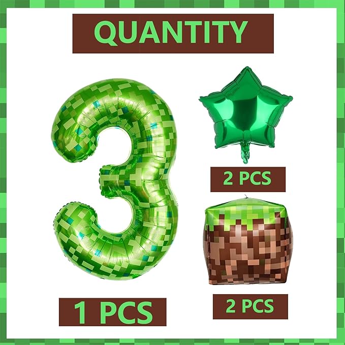 40 Inch Green Pixel Miner Number 3 Foil Balloon Set 5Pcs Large Mylar Mining Theme 3rd Number Balloons Pixel Cubes Video Game Birthday Party Decorations