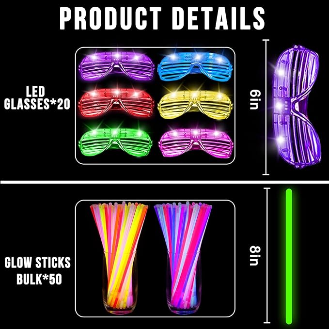 TURNMEON 125 Pack Glow in The Dark Party Supplies Light Up Party Favors with 100 Glow Sticks and 25 Led Glasses Shutter Shades Sunglasses Neon Glow Accessories Easter Basket Wedding Birthday Concert