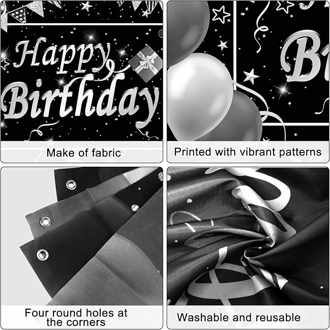 Black Birthday Decorations for Men Women, Black and Silver Party Decorations Boys Girls with Black Happy Birthday Banner Tablecloth Backdrop Porch Sign Door Decorations, Black Bady Party Supplies