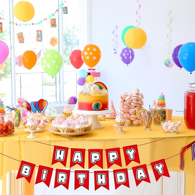 Oudain Pre-Strung Happy Birthday Banner Red Building Blocks Happy Birthday Decorations Building Block Themed Party Supplies for Boys Girls