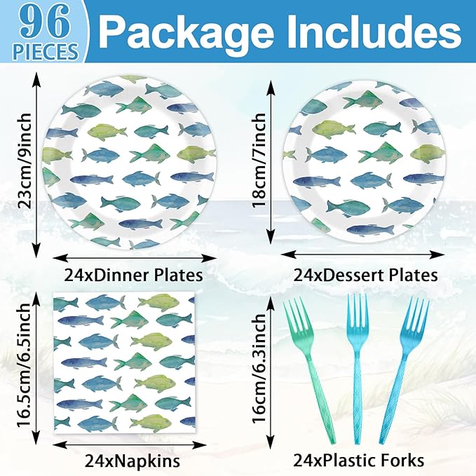 96Pcs Gone Fishing Party Paper Plates and Napkins Sea Ocean Fish Birthday Supplies Little Fisherman Tableware for 24 Guests for Summer Wedding Ofishally One Fishing Birthday Gatherings Decorations