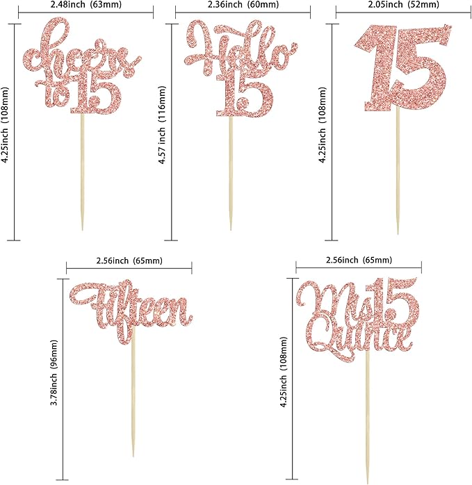 30Pcs 15th Birthday Cupcake Toppers Fifteen Cupcake Picks Cheers to 15 Years Old Mis Quince 15 Cake Decorations for 15th Birthday Anniversary Party Rose Gold Glitter