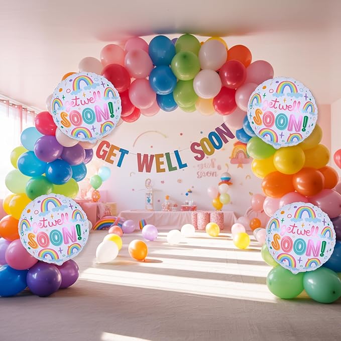 18 Inch Get Well Soon Foil Balloons Set, 4pcs Mylar Round Rainbow Balloon with GET WELL SOON Letter Print Helium Balloons for Kids Adults Hospital Recovery Cheer Up Thinking of You Party Decorations
