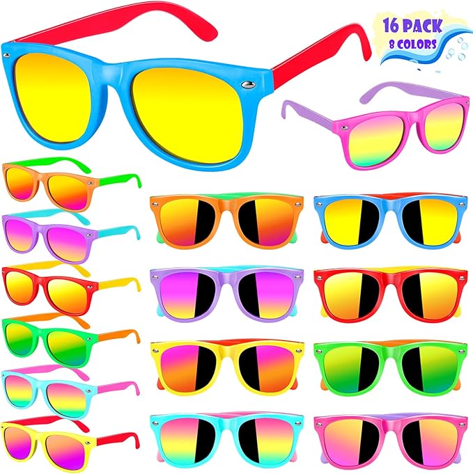 Kids Sunglasses Bulk Party Favors for Kids 4-8 & 3-5, 16 Packs Boys Girls Sunglasses with UV 400 Protection, Neon Toddler Sunglasses for Kids Birthday, Pool Beach Party Favors