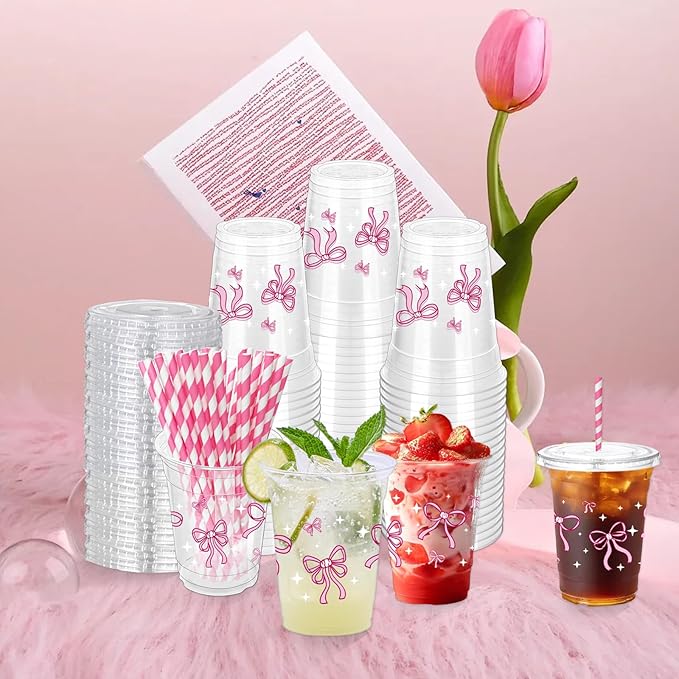 50 Pcs Pink Bow Plastic Cups with Lids and Straws,12 oz Lovely Bow Disposable Drinking Cups Pink Bowknot Theme Party Cup for Wedding Birthday Bridal Baby Shower Party Supplies