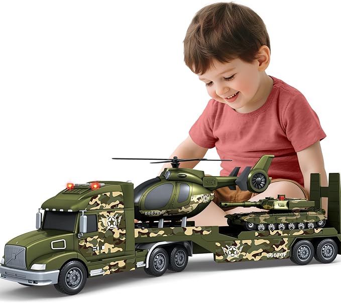 Toddler Boy Toys for 3 4 5 6 7 Years Kids, 27" Semi Army Truck Toy with Helicopters and Tank, Friction Powered Military Toys with Lights and Sounds, Birthday for Boy Girls