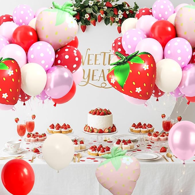Strawberry Balloon, 12 Inch Strawberry's Party Decorations with Red Pink Ivory White Polka Dots Balloons Strawberry Foil Balloon for Sweet One Berry First Birthday Cake Party Supplies
