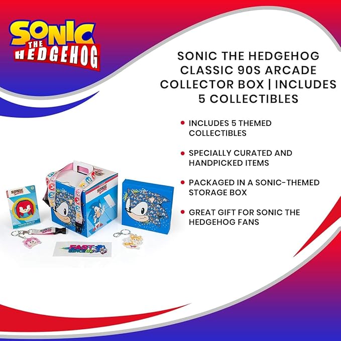 JUST FUNKY Sonic The Hedgehog Classic 90s Arcade Collector Looksee Mystery Surprise Box | 5 Themed Toy Collectibles | Lanyard, Pin, Wall Art & More