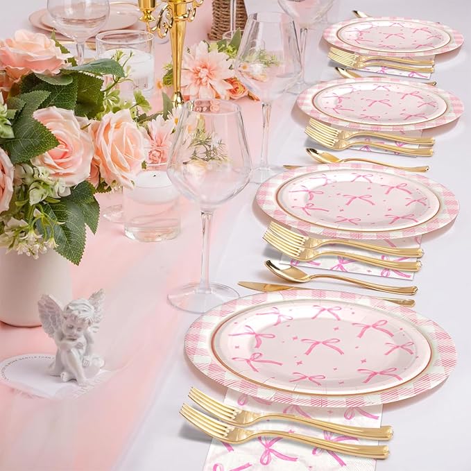 180Pcs Pink Bow Party Supplies Paper Plates and Napkins Serve 60 Disposable Tableware Set for Birthday Party Decorations Game Day Family Holiday Sports Events