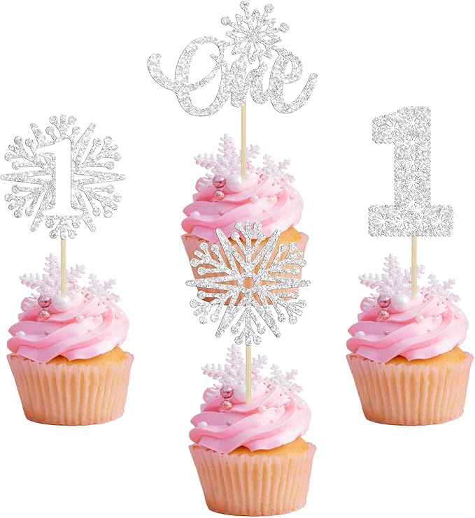 24Pcs Snowflake Cupcake Toppers Silver Glitter Winter Snowflake 1st Birthday Cupcake Picks First Birthday Cake Decorations for Winter Wonderland Kids 1st Birthday Party Supplies