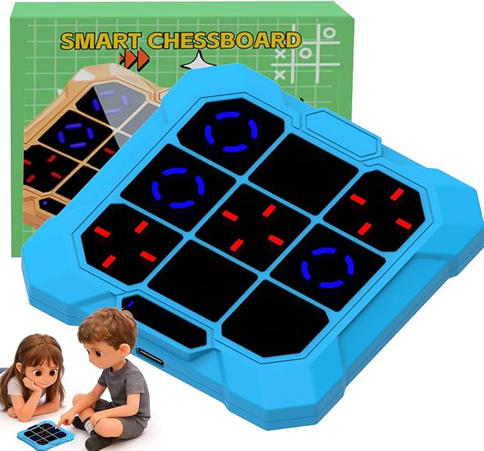 6-in-1 Rechargeable Electronic Tic-Tac-Toe Game, Portable Digital Travel Toy, Suitable for Children, Boys, Girls and Adults, Educational Memory Learning Toy for Ages 4 and Up (Blue)