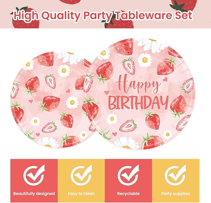96Pcs Strawberry Paper Plates &Napkins Party Supplies-Disposable Strawberry Birthday Party Sweet Baby Shower Pink Fruit Tableware Decoration for Girls Berry Baby Decorations Favors Serves 24