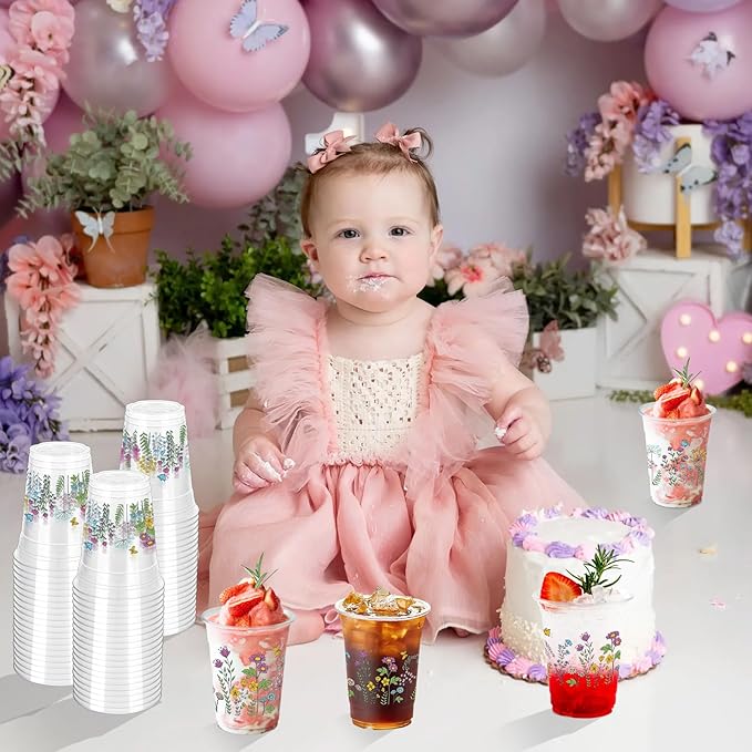 100 Pcs Wildflower Plastic Cups 12 oz Floral Party Cups Vintage Floral Drinking Cup Flower Spring Summer Disposable Cup for Spring Groovy Party Wildflower Baby Shower Birthday Supplies