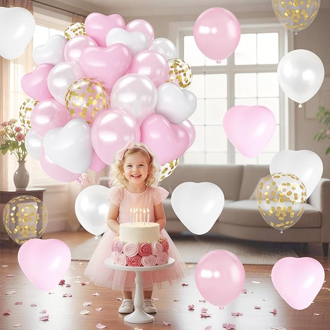 Pink Balloons, 60 Pcs Pastel Light Baby Pink and Pearl White Heart Latex Balloons, 12 Inch Double Stuffed & Gold Confetti Balloon for Girls Women Birthday Wedding Bridal Baby Shower Bachelorette Party