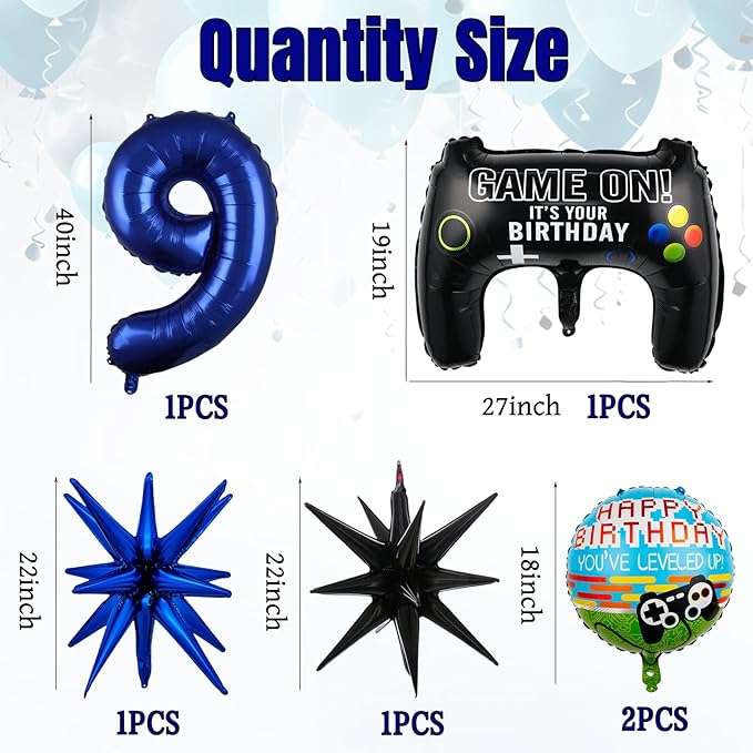 12pcs Video Game Themed Party Decorations, Number 9th Boys Birthday Party Supplies, Navy Blue Video Game Controller Mylar Foil Balloon, Video Game star Party Decoration Supplies