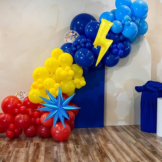 Red Blue Yellow Balloons, 12 Inch Light Blue Red Yellow Confetti Balloons with Star and Foil Balloon for Boy Birthday Party Graduation Baby Shower Decorations