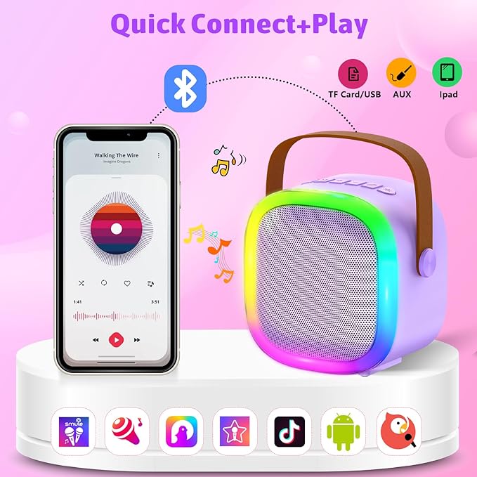 Karaoke Machine for Kids Adults, Portable Bluetooth Speaker with Wireless Microphone and LED Lights, Kids Toys Birthday Gifts for Girls and Boys Ages 4, 5, 6, 7, 8,9,10,11,12+ Years, Home Party