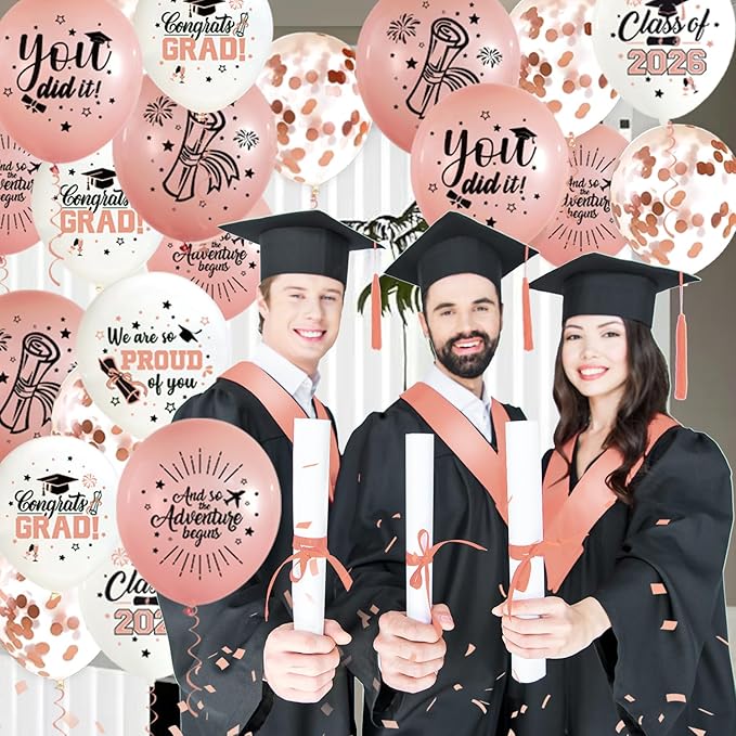 75Pcs Rosegold Graduation Balloons Decorations Class of 2026 Graduation Party Supplies with Congrats Balloon Ribbons for Congrats Party Decoration