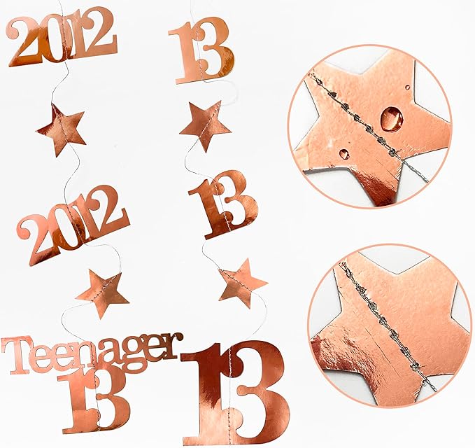 12PCS Rose Gold 13th Birthday Decorations Number 13 and 2012 Star Garland Streamer Banner Backdrop for Girls Cheers to 13 Years Birthday Vintage Made in 2012 Official Teenager Party Decor Supplies