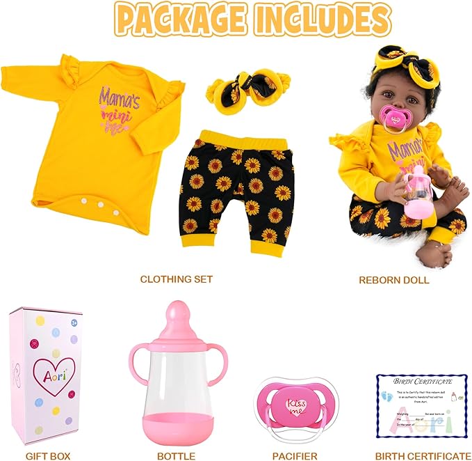 Aori Reborn Baby Dolls Black - 22 Inches Realistic Baby Doll Black American Lifesize Reborn Girls with Hair, Gift Set for Kids 3+, Parents-to-be, Grandparents