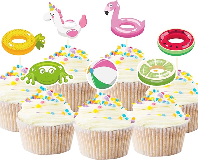 28 Pack Swimming Ring Cupcake Toppers Summer Cake Decorations for Hawaiian Beach Pool Party Theme Birthday Decorations Baby Shower Party Supplies (Swimming Ring)