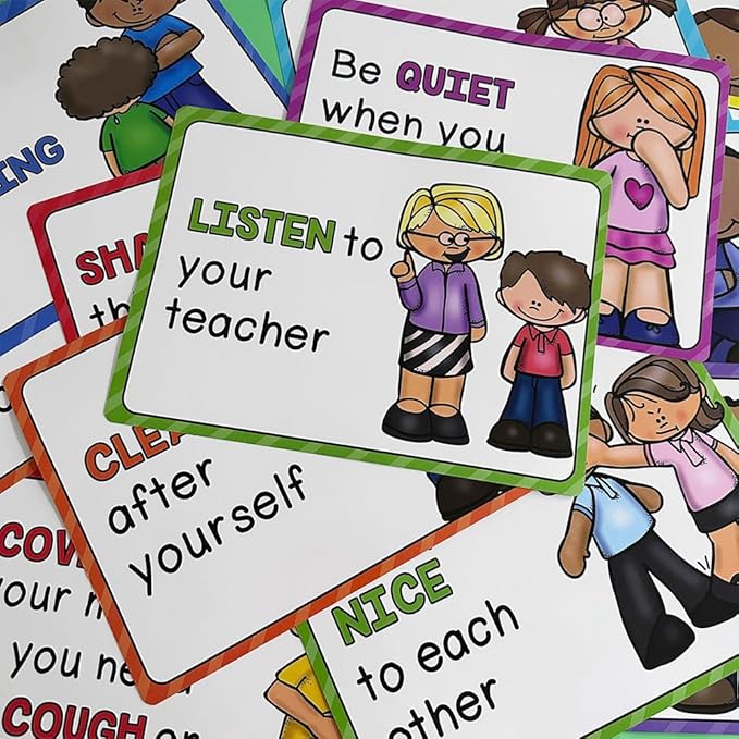 Lachilly 15 Sheets Classroom Rules Educational Poster for Preschool, Home, Middle and High School Classroom Wall Decoration, Language Arts Charts, Toddler Learning Toys, Bulletin Board Set